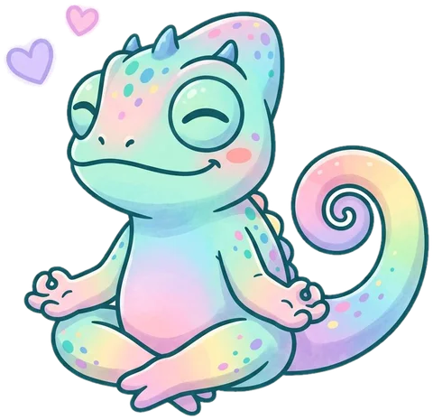 Chameleon meditating peacefully with floating hearts