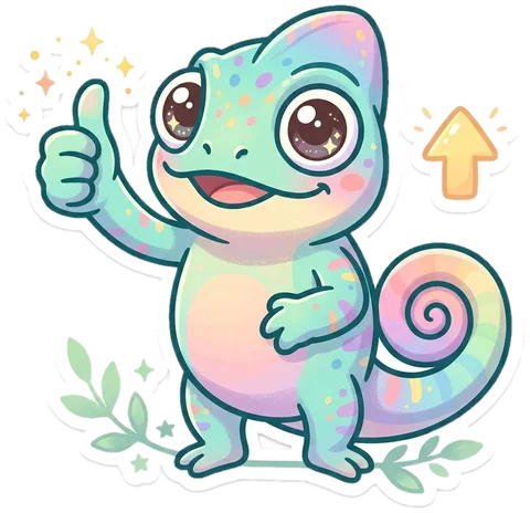 Chameleon giving a cheerful thumbs up beside a floating upvote arrow