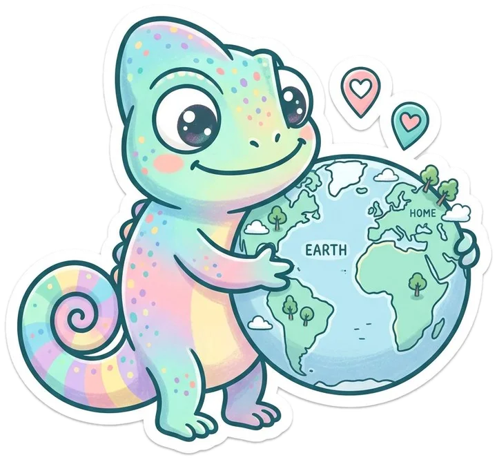 Chameleon hugging a globe with heart-shaped location pins
