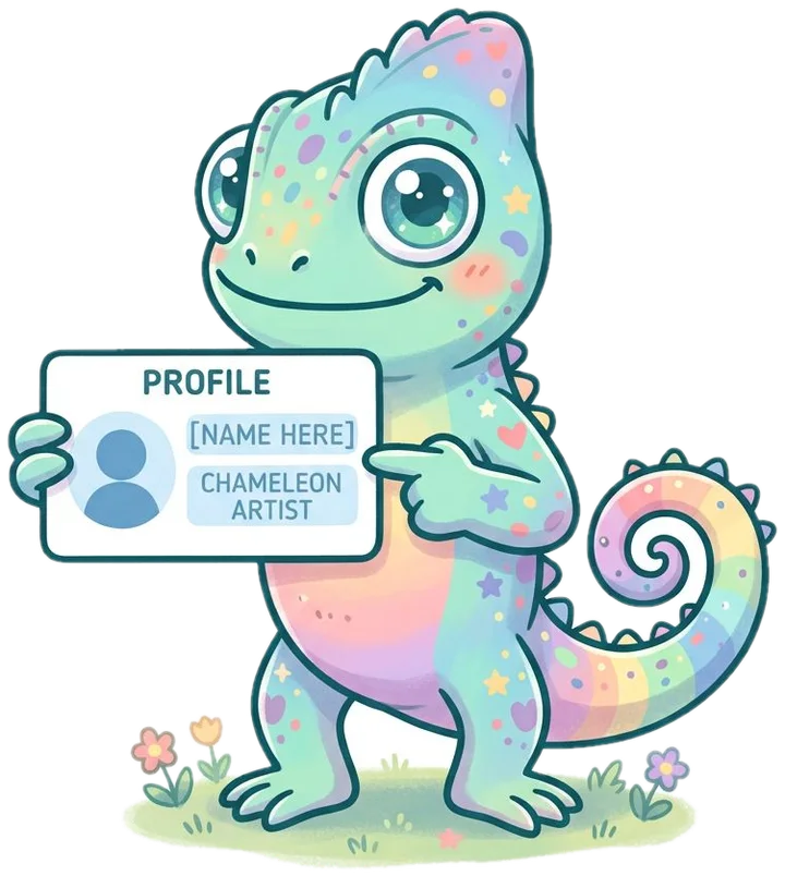 Chameleon proudly holding up a persona profile card